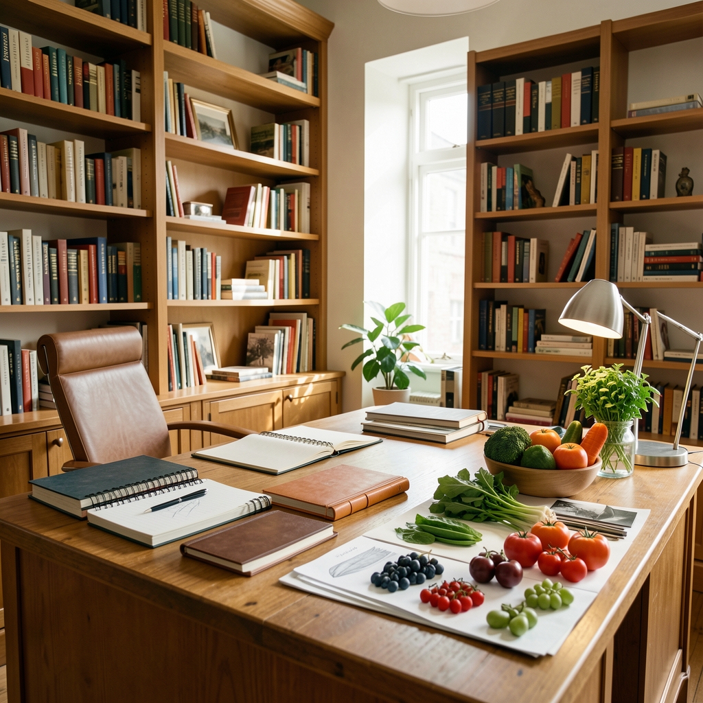 Tornela Press editorial office interior — natural light, bookshelves, editorial desk with notebooks and seasonal produce reference samples