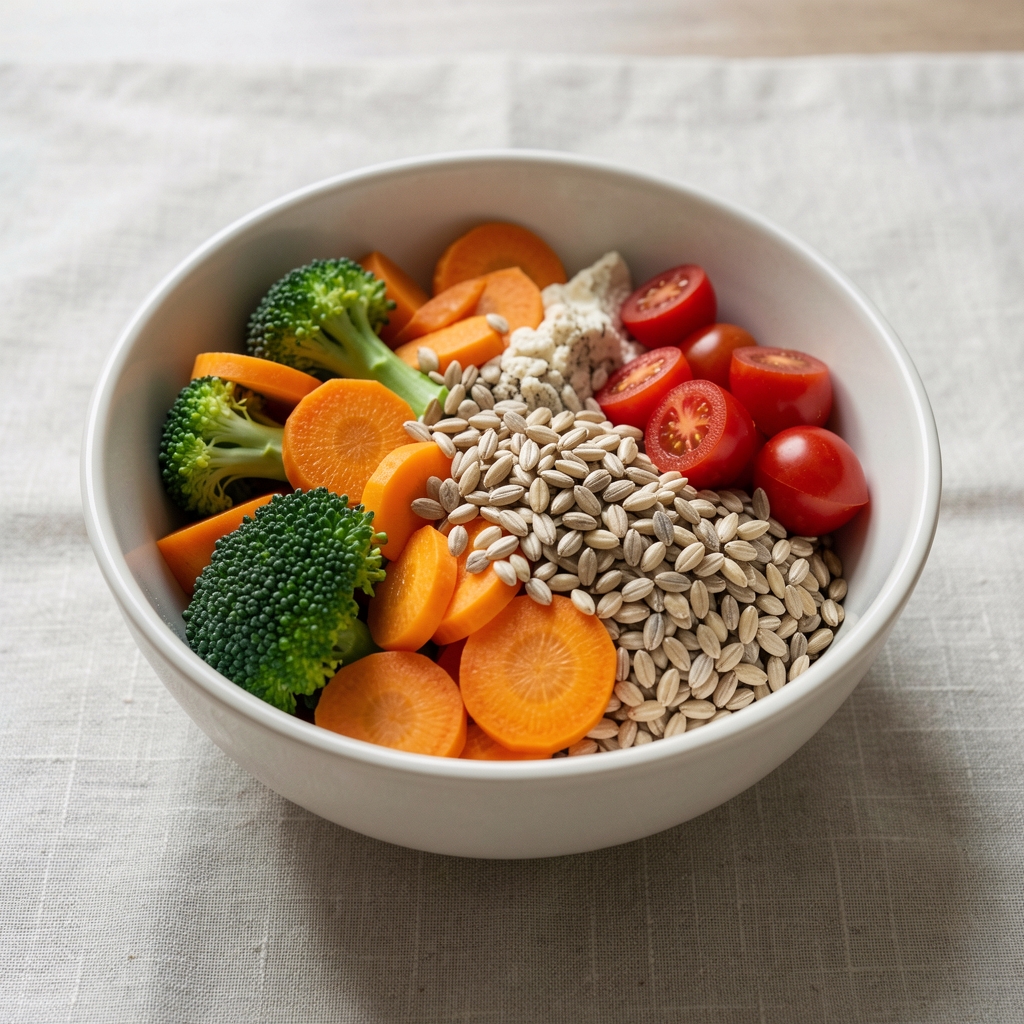 Bowl of seasonal vegetables and whole grains arranged on a light linen surface, natural daylight