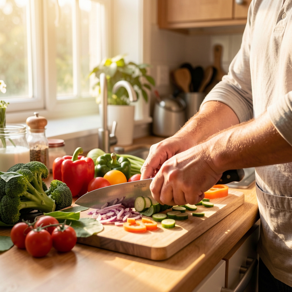 Hands preparing fresh vegetables at a kitchen counter, chopping board with colourful produce, warm afternoon light through a kitchen window